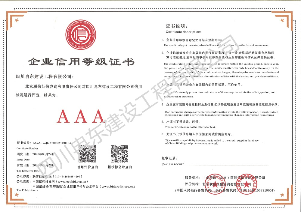 信用等級(jí)證書AAA